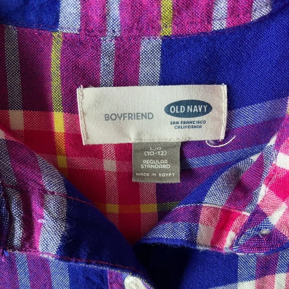 Old Navy girls 8-10 button-down Boyfriend plaid pink blue long sleeve shirt